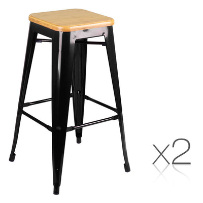 Set of 2 Steel Kitchen Bar Stools Bamboo Seat 76cm - Black