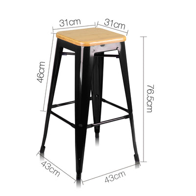 Set of 2 Steel Kitchen Bar Stools Bamboo Seat 76cm - Black