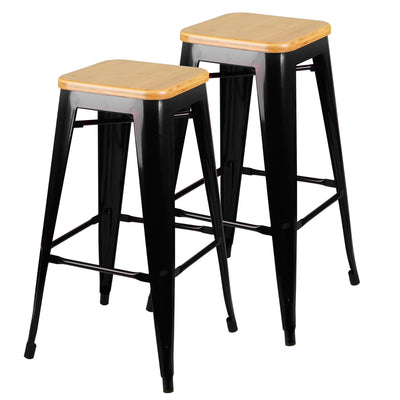 Set of 2 Steel Kitchen Bar Stools Bamboo Seat 76cm - Black