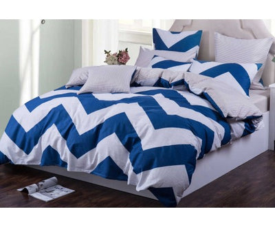 Blue Wide Zig Zag Pattern Cotton Quilt Cover Set