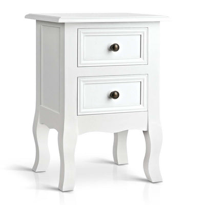 Vintage Style Bedside Side Table with 2 Drawers - White