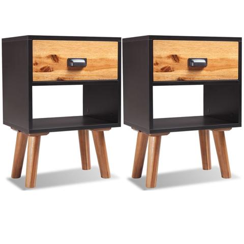 Acacia Wood & Black Bedside Tables - Set of 2