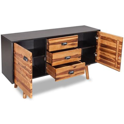 Acacia Wood & Black Sideboard with 3 Drawers & 2 Cupboards