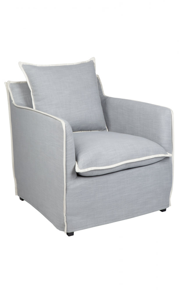 Hamptons Linen Slipcover Armchair Grey with White Piping